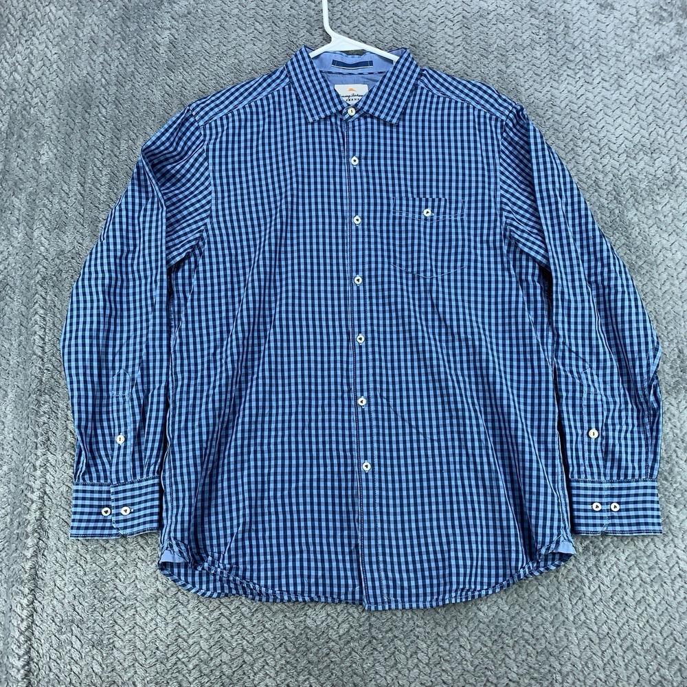 Tommy Bahamas Island Modern Fit Shirt Men's Medium Blue Check Tencel Blend